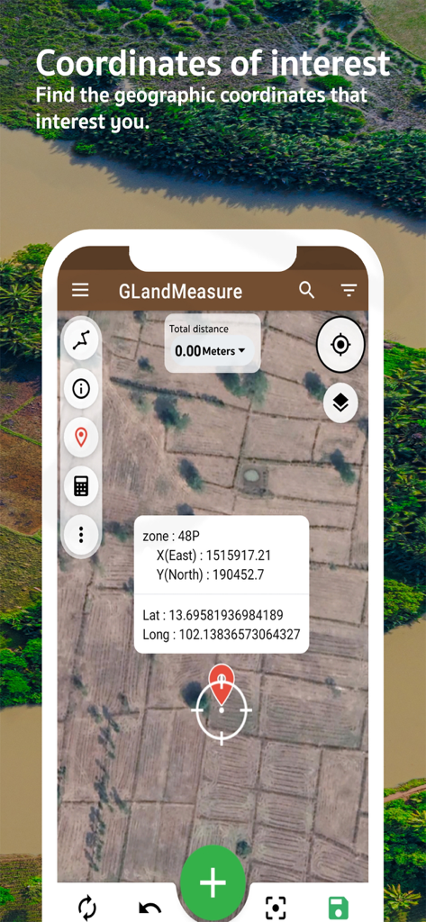 GLand: GPS Field Area Measure - GLand app interface displaying latitude longitude and UTM coordinates on a satellite map of farm fields
