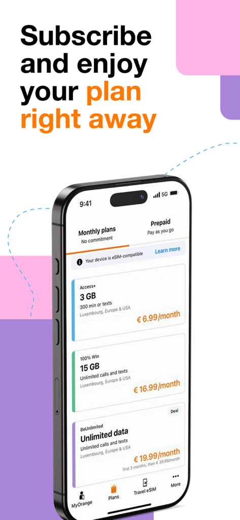 Hello eSIM – Orange Luxembourg - Hello eSIM app screen displaying monthly data and call plans for international travel on an iPhone