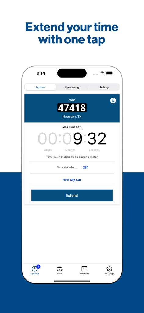 ParkHouston app screen showing a countdown timer for an active parking session and a button to extend the time.
