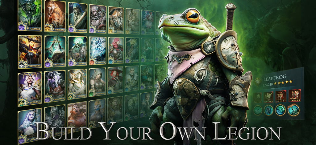 Ever Legion - Ever Legion game screen showing a diverse roster of fantasy hero cards and a detailed 3D frog warrior character with the text Build Your Own Legion.