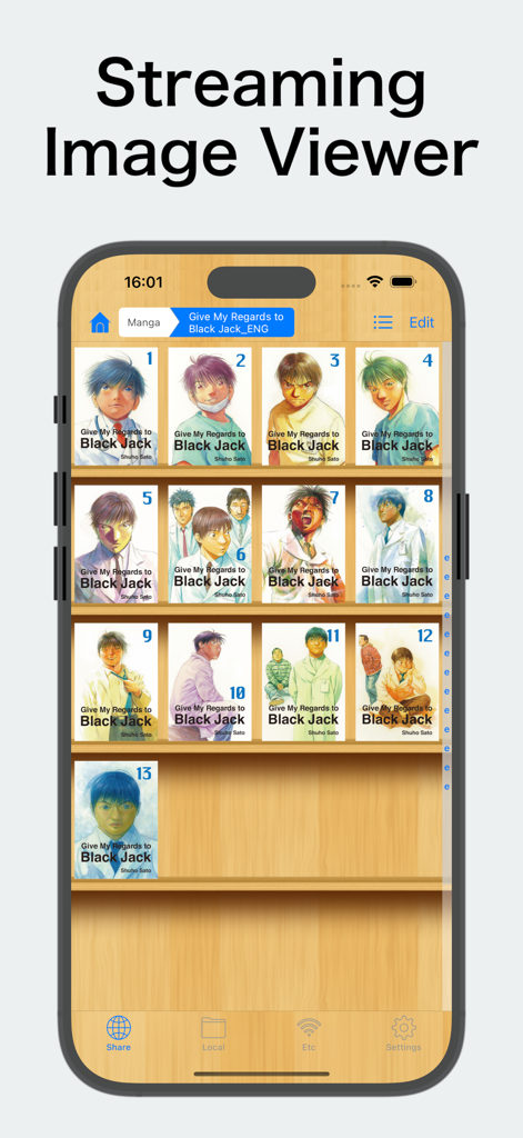 ComicShare - Streaming Reader - Interfaz de estantería digital de la aplicación ComicShare mostrando volúmenes de manga.