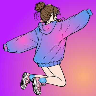realistic girl jumping with a bun and oversized sweatshirt