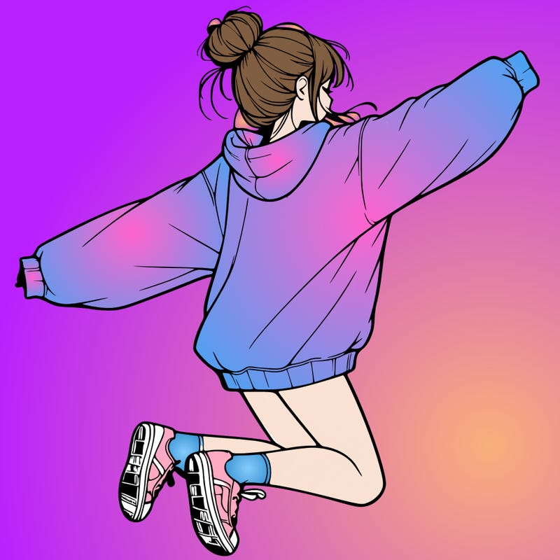 realistic girl jumping with a bun and oversized sweatshirt