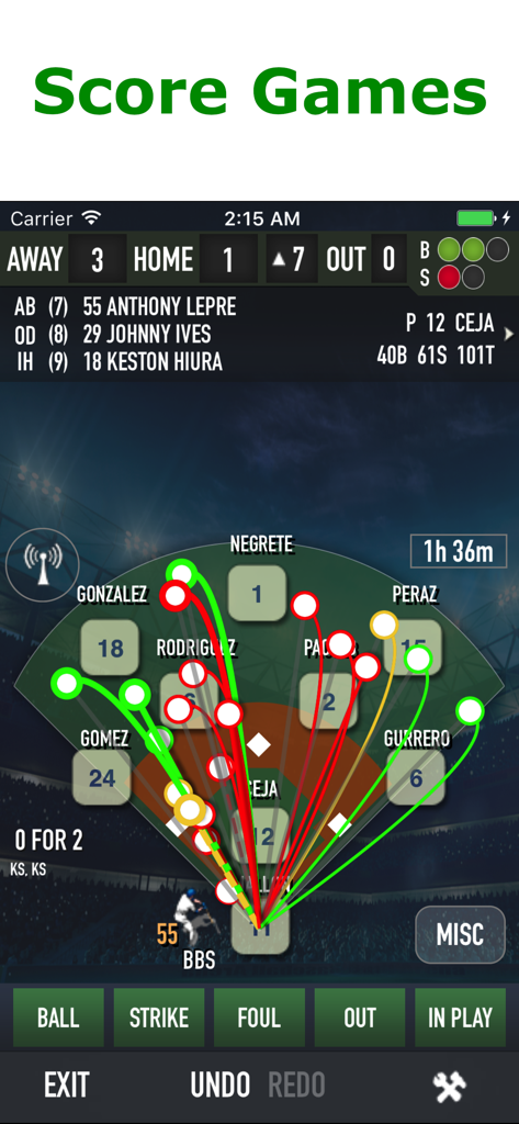 iScore Baseball and Softball - A digital baseball scorecard interface showing live game stats and a spray chart