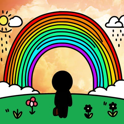 rainbow with beautiful sky, and a person