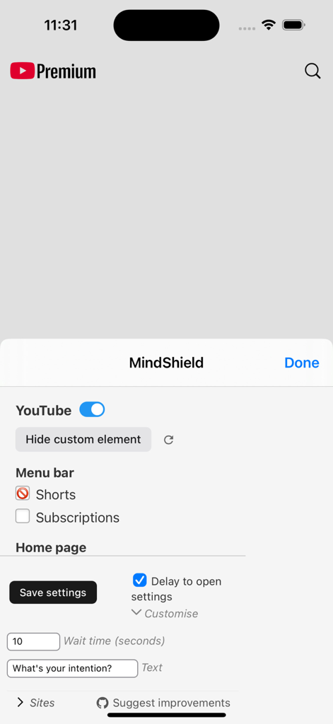 "No Distractions" for YouTube - Settings menu of the No Distractions Safari extension for YouTube showing options to hide Shorts and set a wait time delay