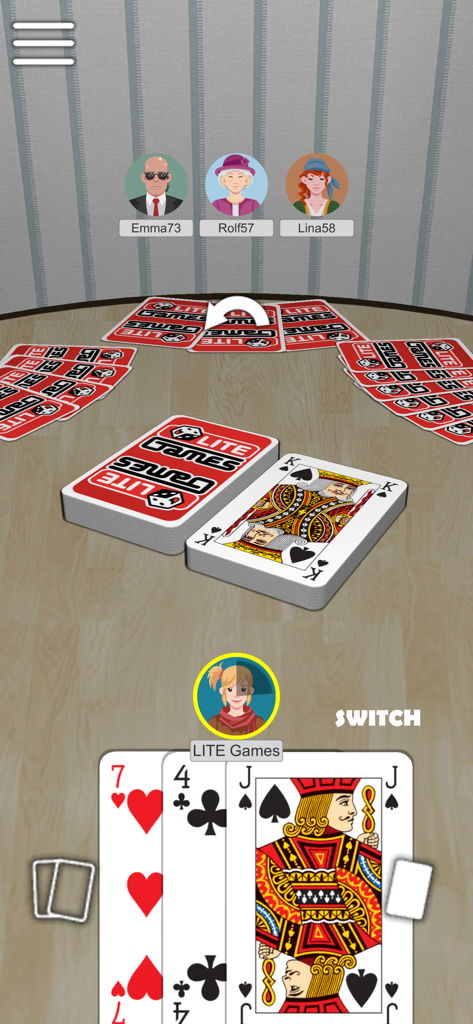 Una partita digitale del gioco di carte Crazy Eights che mostra quattro giocatori con avatar personalizzati su un tavolo di legno.