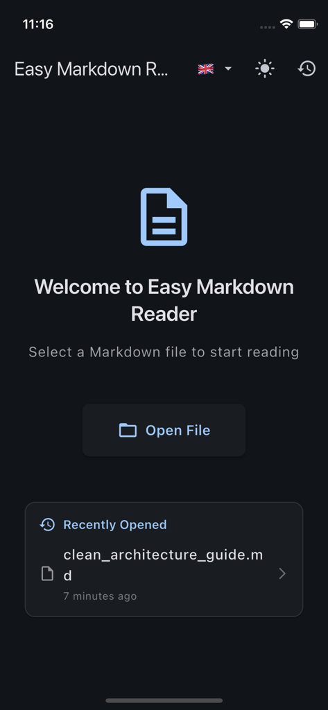 Easy Markdown Reader - Easy Markdown Reader home screen with open file button and recently opened markdown documents list