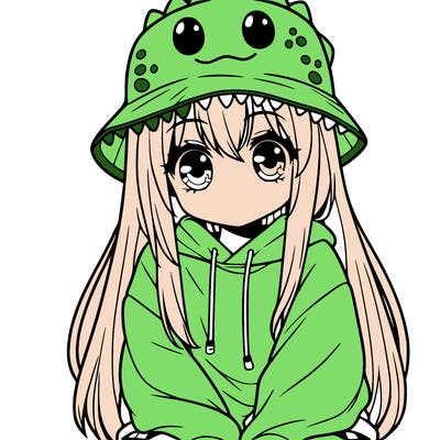 girl with anime shaped eyes with a dinosaur bucket hat oversized sweatshirt long straight hair