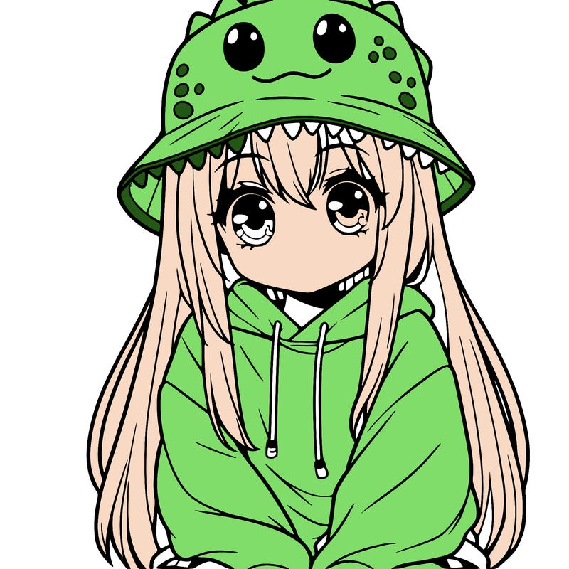 girl with anime shaped eyes with a dinosaur bucket hat oversized sweatshirt long straight hair