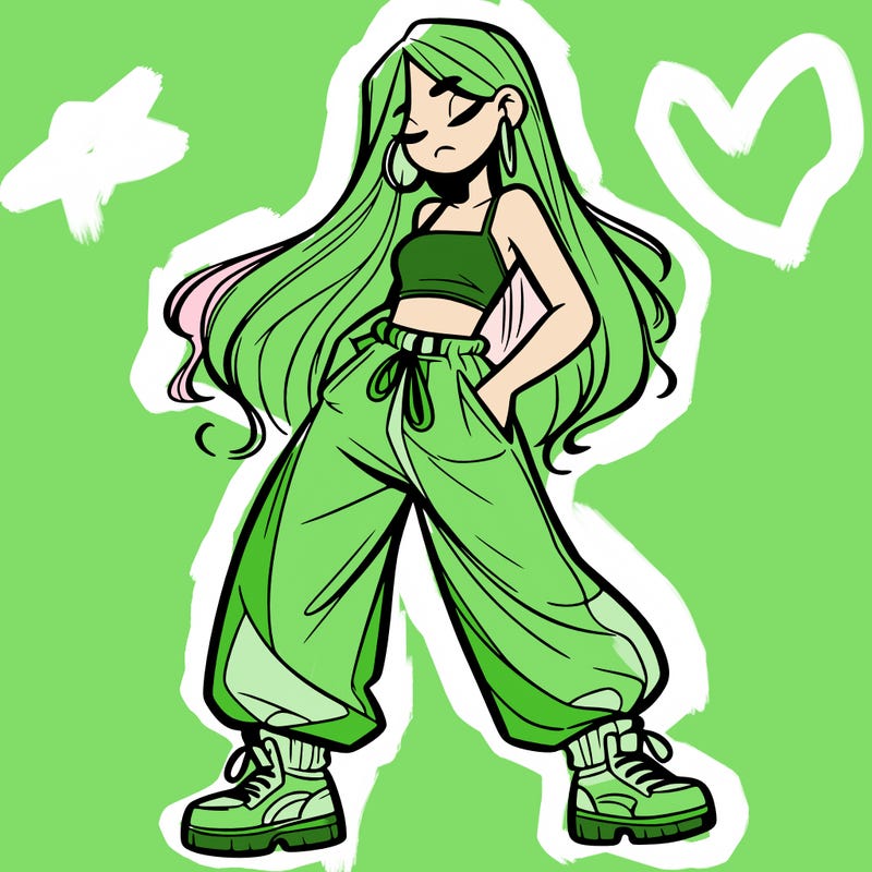 girl in baggy pants crop top and long hair