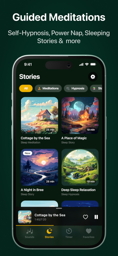 Interfaz de la aplicación Green Noise con cuentos para dormir y meditaciones guiadas