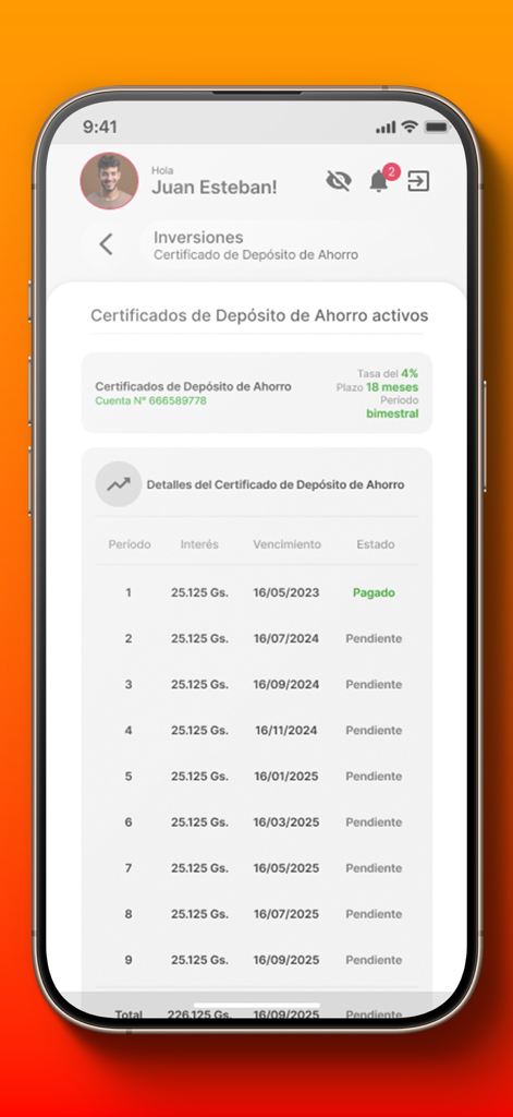 Solar Banco - Solar Banco mobile app interface displaying details and payment schedule for a savings deposit certificate