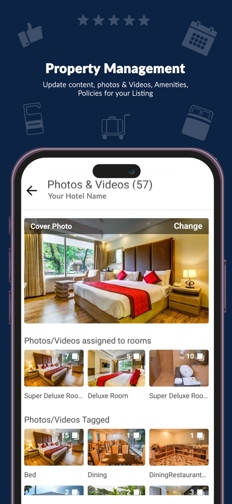 Connect by MakeMyTrip app interface for managing property photos and room categories