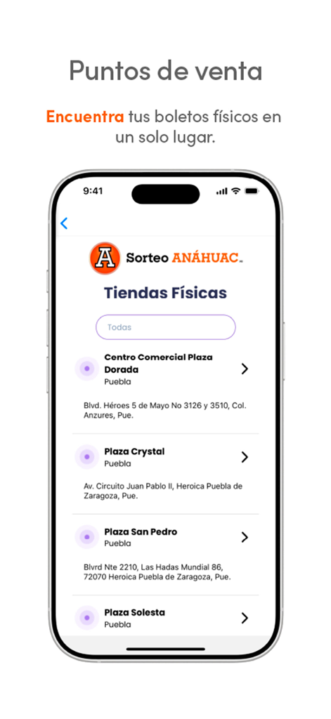 Bildschirm der Sorteo Anahuac App, der Verkaufsstellen für physische Tickets in verschiedenen Einkaufszentren anzeigt
