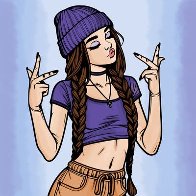 realistic teenage girl with braids and a beanie and crop top doing 🫶🏼