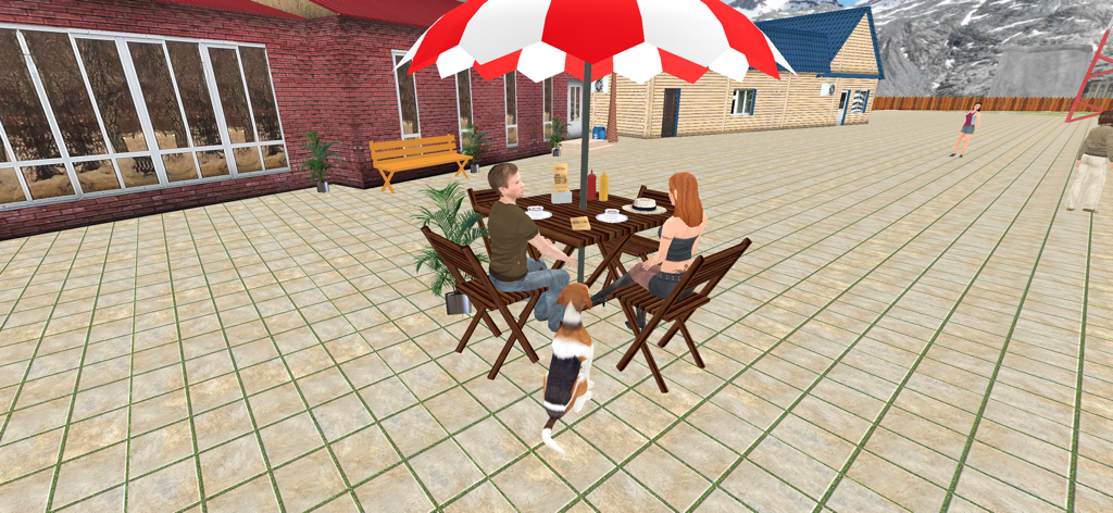 Xtreme Thrill Rock Jeep Run - Um homem e uma mulher sentados em uma mesa ao ar livre com um cachorro em uma praça urbana