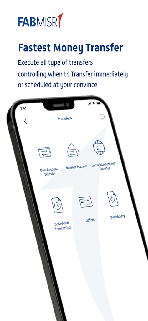 FABMISR Mobile - FABMISR mobile app screen showing options for internal and international money transfers