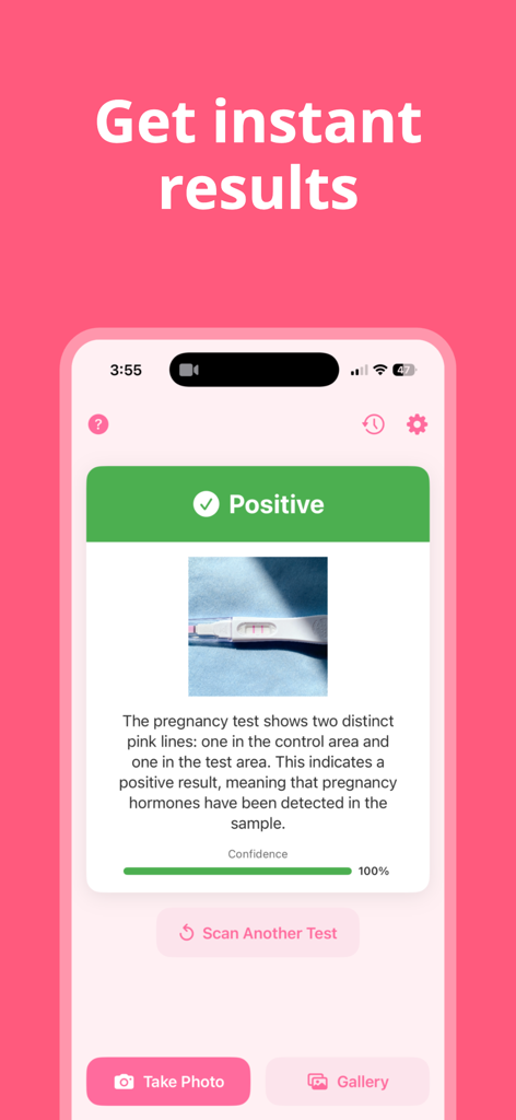 Pregnancy Test Checker: Linify - Captura de pantalla de la aplicación Linify mostrando un resultado positivo de prueba de embarazo con una puntuación de confianza del 100 por ciento