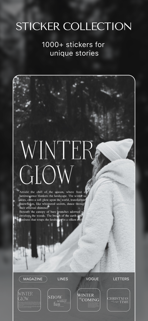 MalibooMake - Coleção de adesivos do aplicativo MalibooMake mostrando sobreposições de texto com tema de inverno em uma foto
