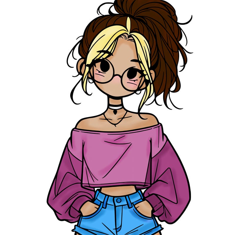 girl with a messy ponytail glasses a baggy crop top and jean shorts