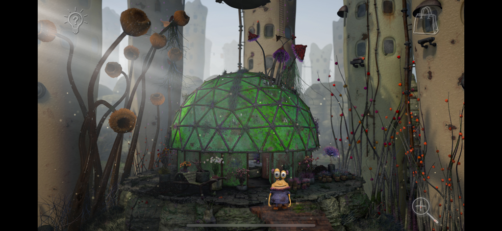 The character Paul standing in front of a green geodesic dome in a detailed hand-drawn alien environment.