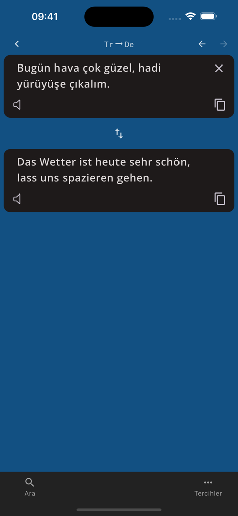 German Turkish Dictionary DeTr - Tela de tradução de frases de turco para alemão no aplicativo DeTr