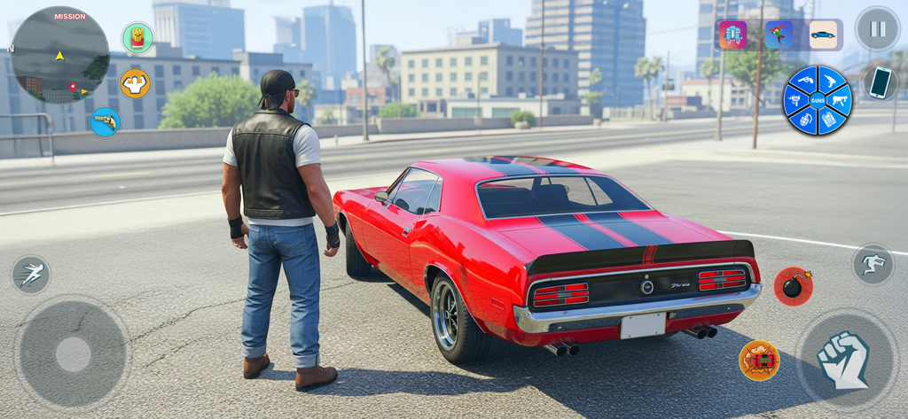 Grand Wars City: Gang Hero 3D - Un personaje con un chaleco de cuero junto a un muscle car rojo clásico en una calle de ciudad de mundo abierto