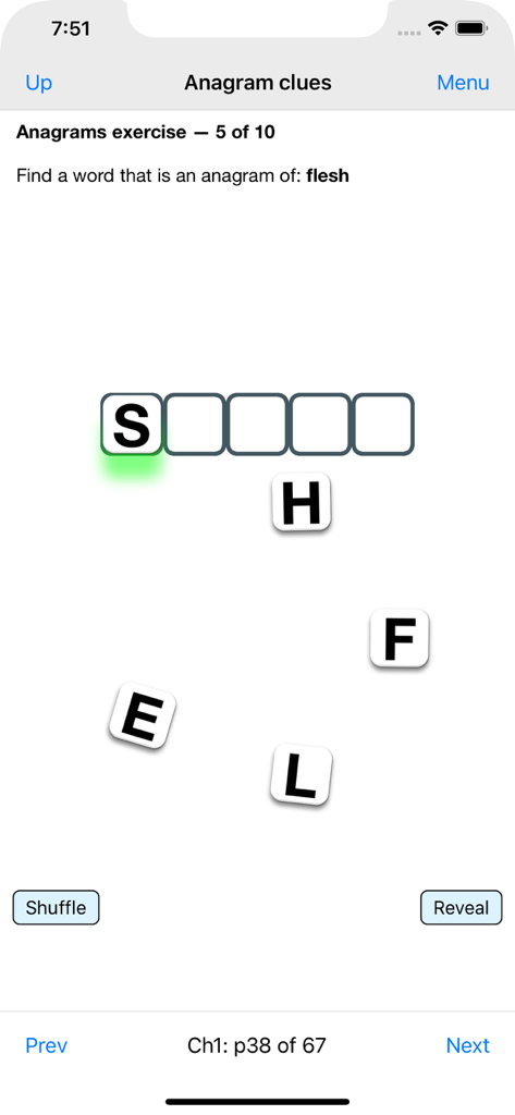 Learn Cryptic Crosswords - Interactive anagram exercise in the Learn Cryptic Crosswords app showing a word puzzle for the word flesh.