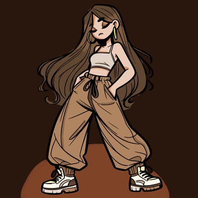 girl in baggy pants crop top and long hair