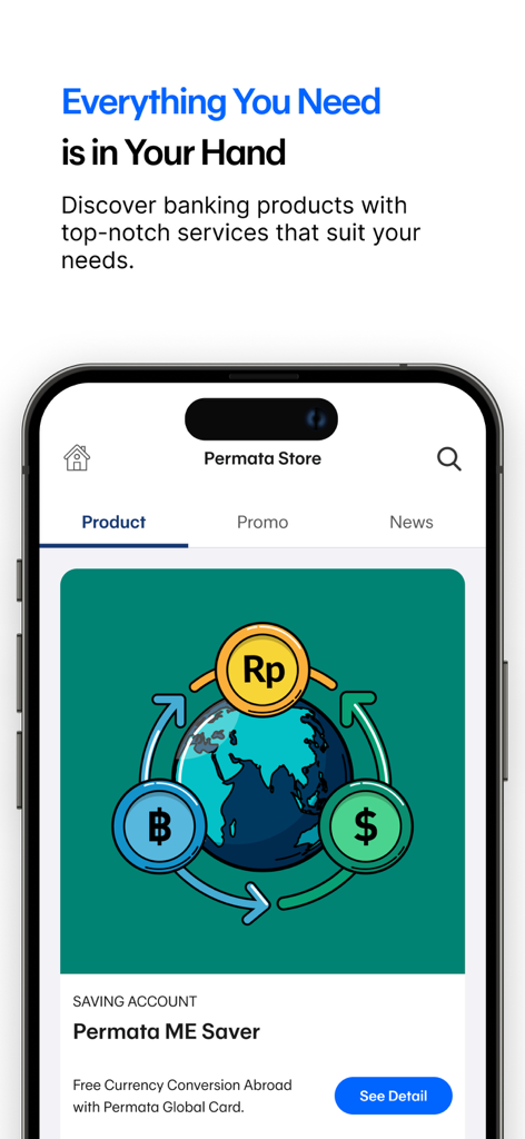 Permata ME - Permata ME app screen highlighting the ME Saver account with international currency conversion features