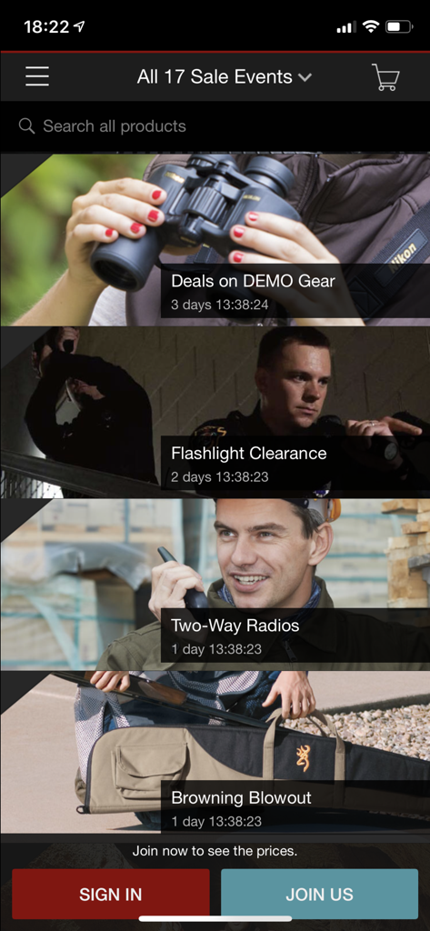 DVOR - DVOR app interface displaying current flash sales for tactical and outdoor gear
