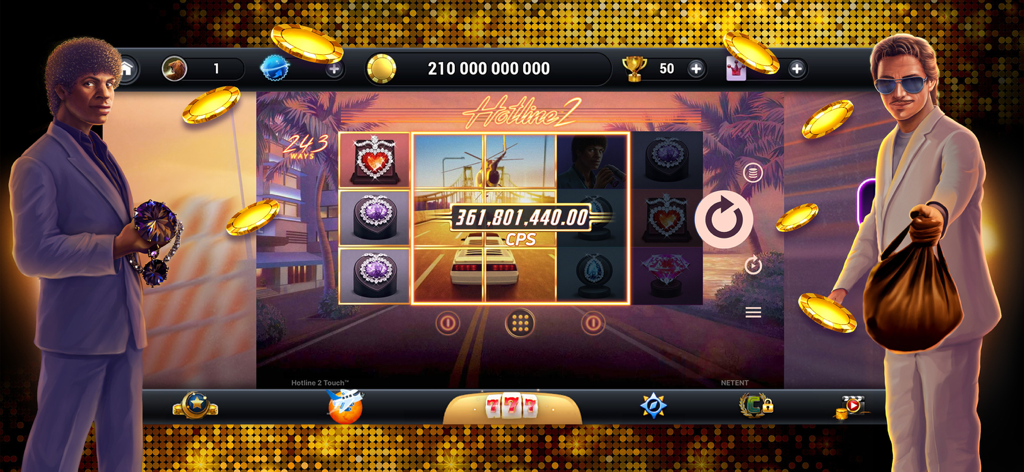 Lounge777 mobile app screenshot showing the Hotline 2 slot game with falling gold coins and detective characters