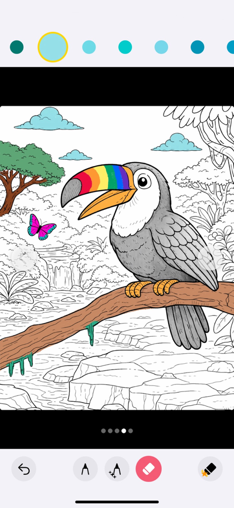KidsFun Coloring Books - ジャングルの中の虹色のくちばしを持つオニオオハシのデジタルお絵かきページ