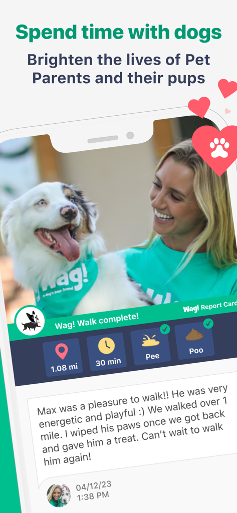 Wag! Pet Caregiver - Uma tela de aplicativo móvel mostrando um relatório de passeio com cães concluído com distância, duração e uma nota do cuidador