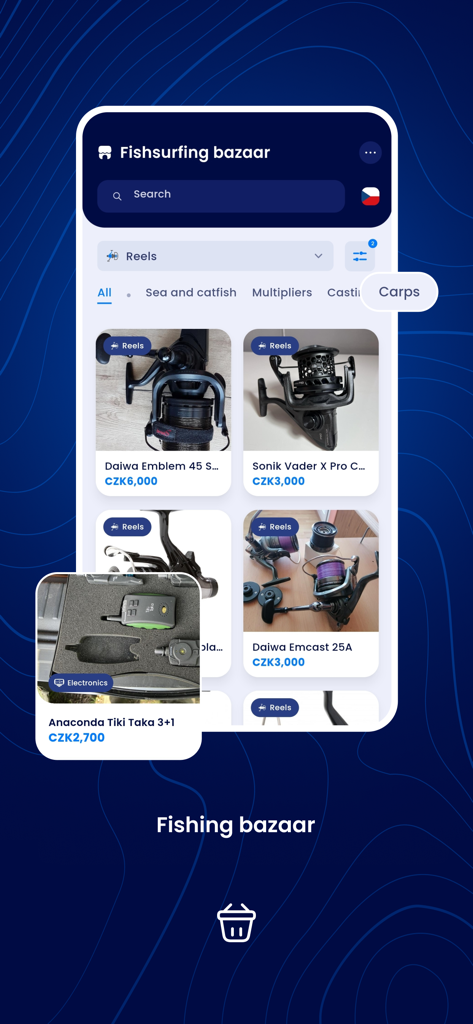 FISHSURFING - FISHSURFING app screen showing a fishing tackle marketplace with reels and electronics for sale