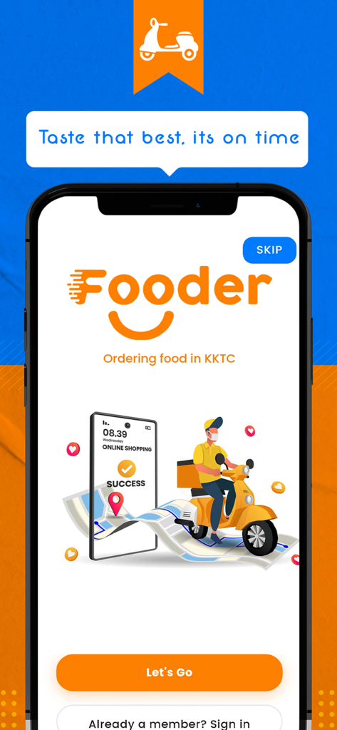 FOODER: Food ordering & more - Welcome screen of the Fooder food and grocery delivery app showing a courier on a scooter