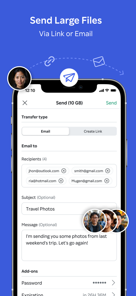 Interface of the Rakuten Drive app showing a screen to send large files up to 10GB via email with password and expiration options.