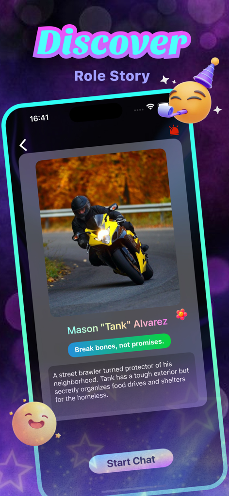 Interface of the Goop app showing an AI character profile for Mason Tank Alvarez with a motorcycle image and start chat button