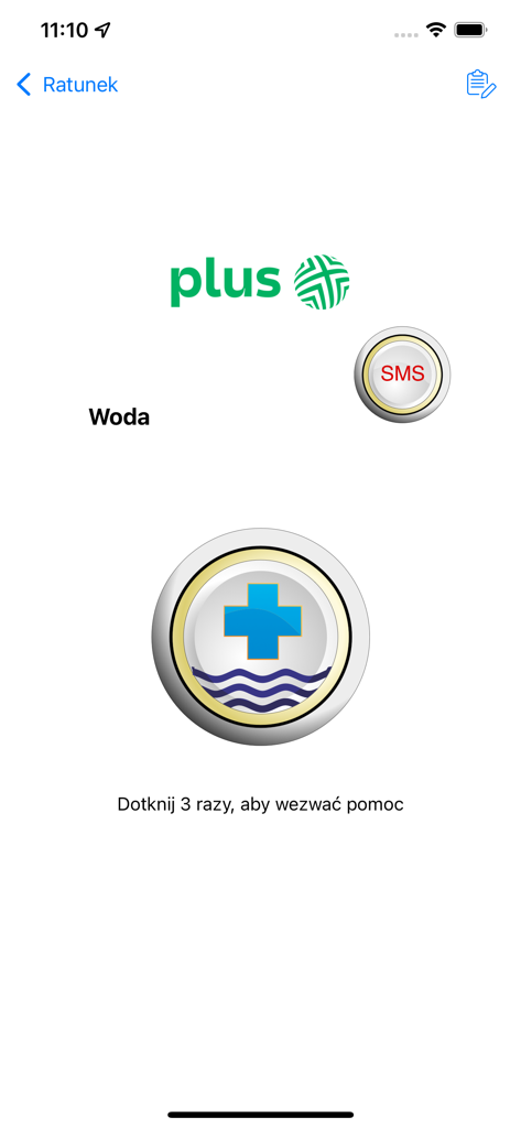 Emergency call interface of the Ratunek app for water rescue in Poland featuring a three-tap activation button
