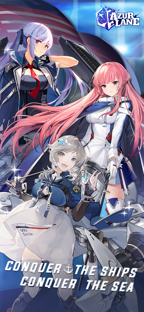 Azur Lane - Trois filles de navires de style anime d'Azur Lane en uniforme naval avec le slogan "Conquérir les Navires, Conquérir la Mer"