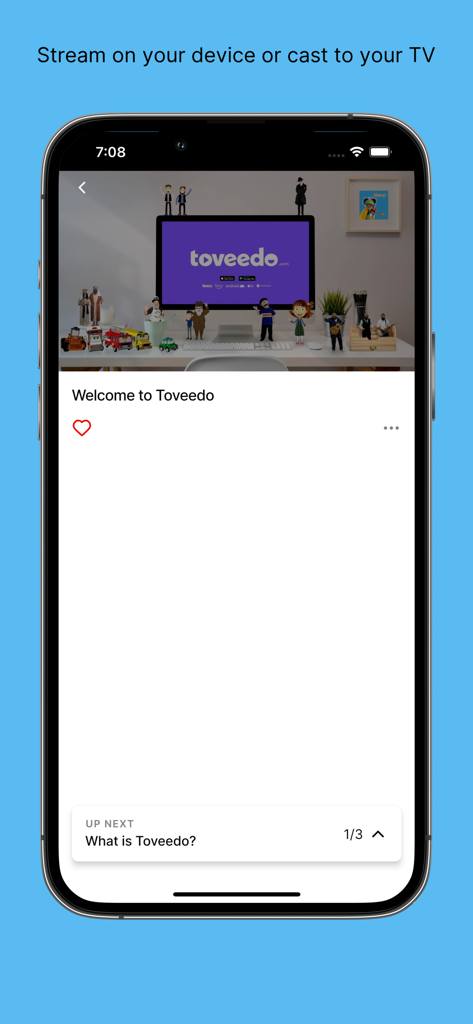 Smartphone displaying the Toveedo app interface with a welcome video for Jewish educational children content
