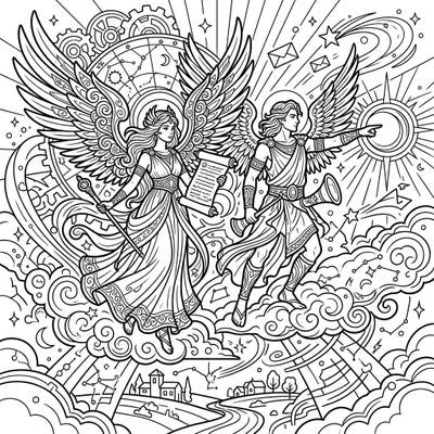 Unleash your creativity with this enchanting coloring page depicting powerful divine messengers. Soar through a celestial realm filled with intricate details and inspiring figures.