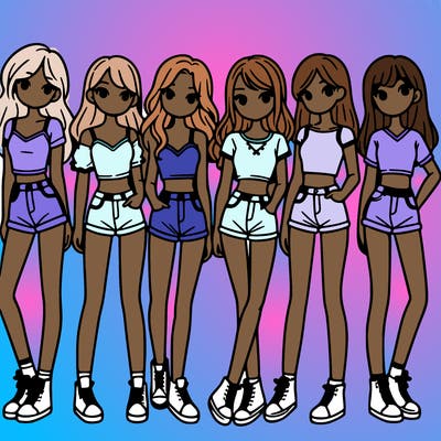 a group of girls wearing crop tops and shorts