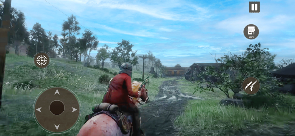 Wild West Cowboy Redemption 3D - A cowboy in a red jacket riding a horse through a 3D open world landscape
