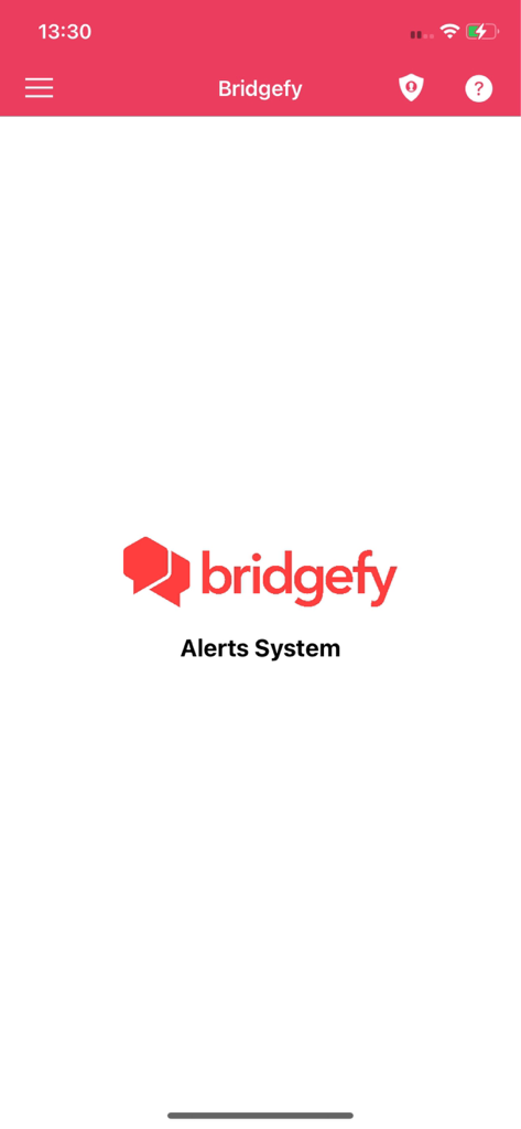 Bridgefy Alerts - Bridgefy Alerts app splash screen with the red logo and Alerts System title