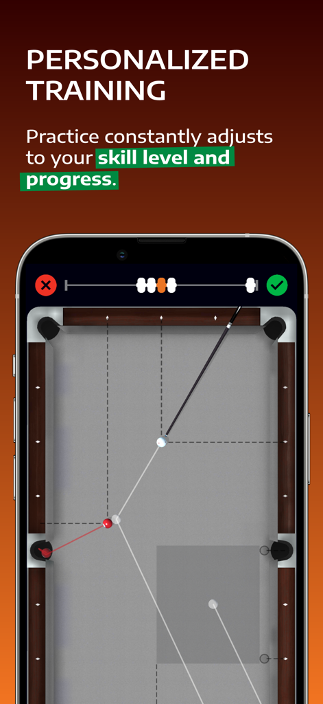 Cueist: Pool Training - A screenshot of the Cueist app showing a personalized pool training drill on a digital pool table
