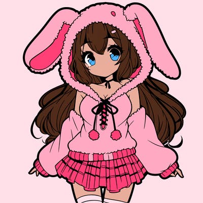 pretty anime girl wearing a fluffy hoodie with bunny ears on the hood and a skirt