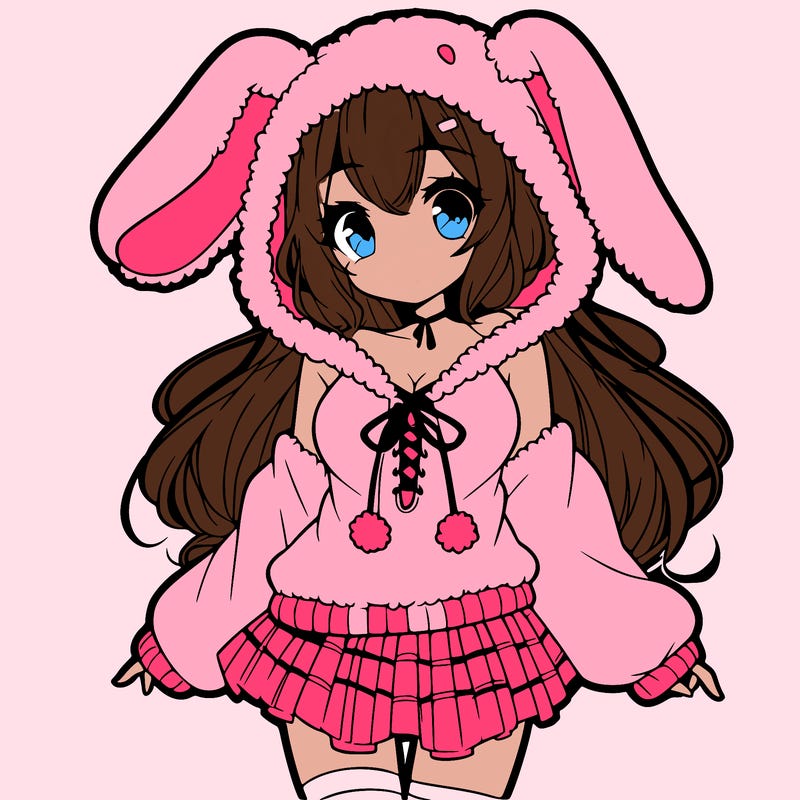 pretty anime girl wearing a fluffy hoodie with bunny ears on the hood and a skirt