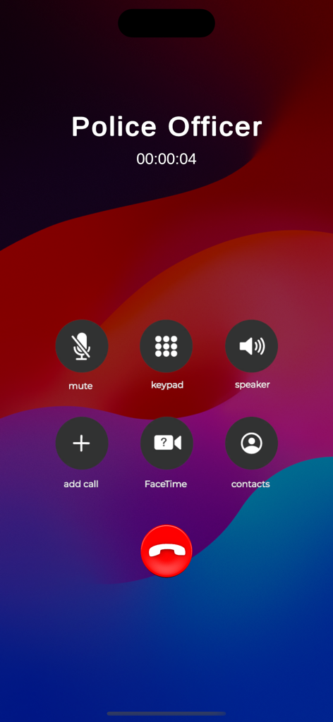 Fake Police Video Call - Simulated phone call screen showing an ongoing call with a Police Officer